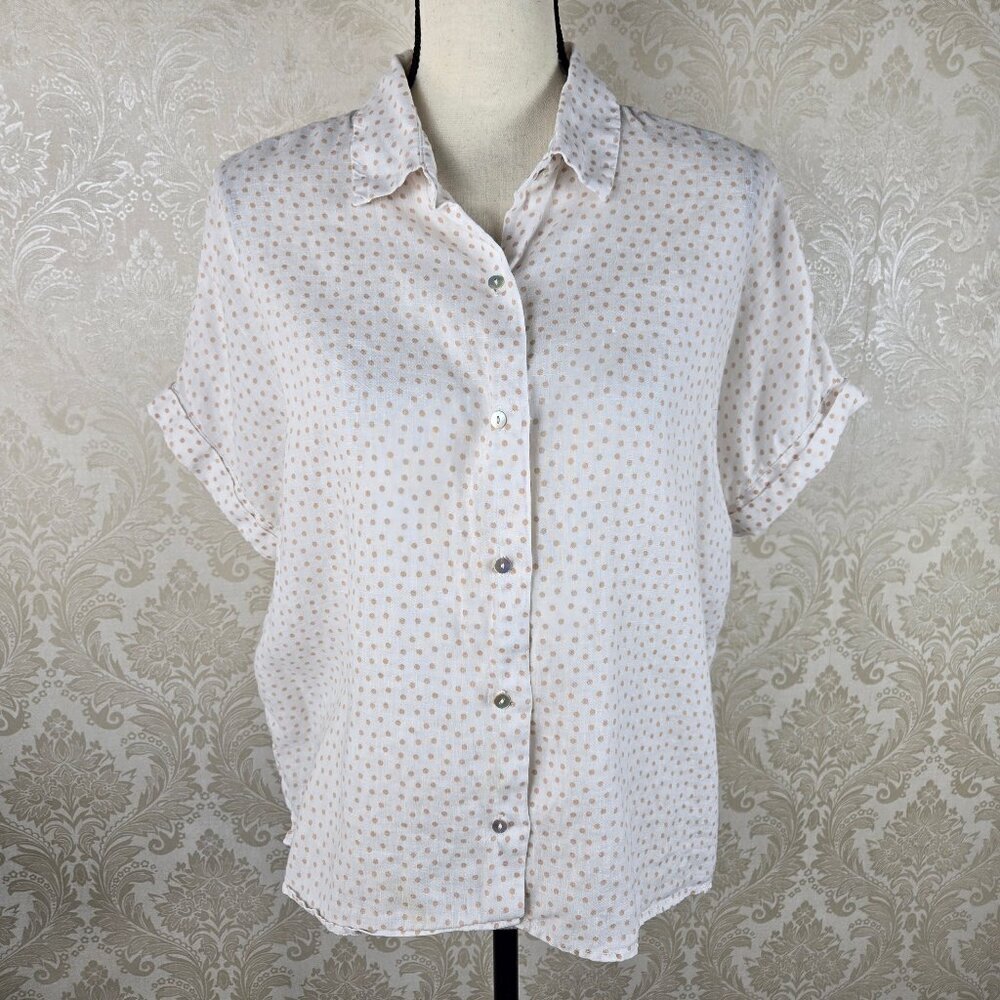 Rachel Zoe Size Medium Linen Button Up Blouse White Tan Polka Dots Boxy Cut